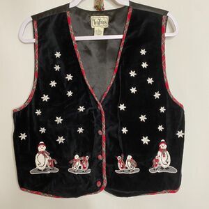 TanTrums Satin Lined Black Velvet Vest  Snowflakes Snowmen Penguins Size L